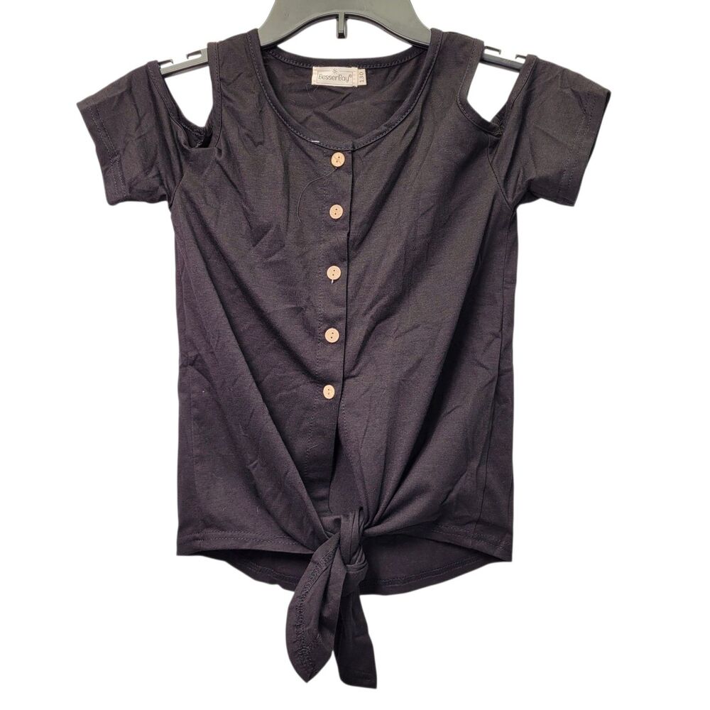 BesserBay Girls Button-Up Cold Shoulder & Tie Black Shirt Size 7-8 Years Old